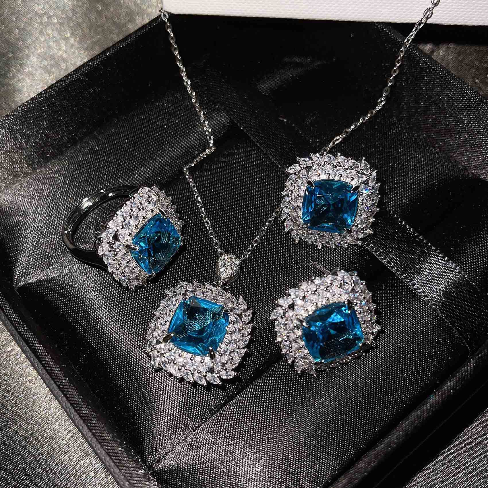 The New Luxury Color Treasure Set Inlaid With Ascher Yellow Diamonds Topa Blue Argyle Powder Ring Earrings Pendant display picture 17