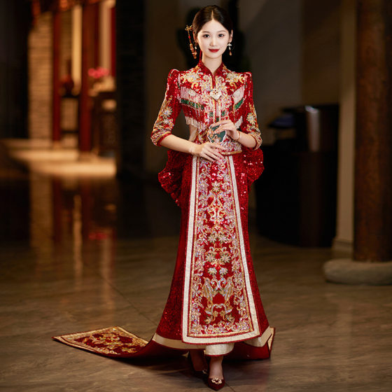 Xiuhe Clothing 2024 New Bridal New Style Show Kimono Heavy Industry Chinese Style Toast Wedding Clothing Tail-off Dress Summer