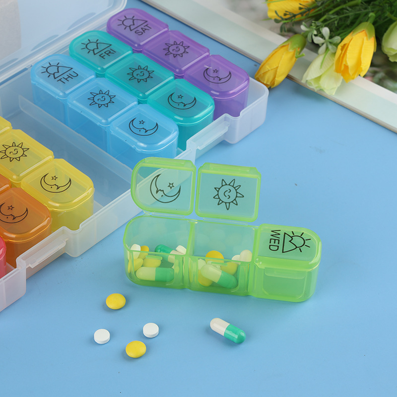 Cross-border grande 21-grid colorido 21-grid caja de la medicina caja de almacenamiento caja de clasificación compartimiento de plástico portátil caja de la medicina siete días a la semana