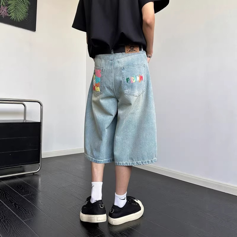 American Retro Colorful Letter Print Cropped Pants for Men and Women, New Summer High Street Straight-Leg Casual Denim Shorts