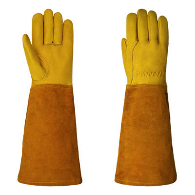 長款真皮手套花園園藝電焊氩弧焊防刺耐磨隔熱亞馬遜跨境牛皮黃色