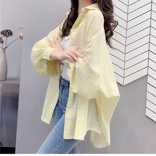 2026 summer new chiffon sunscreen plaid shirt, women's long-sleeved Korean style loose medium and long thin coat