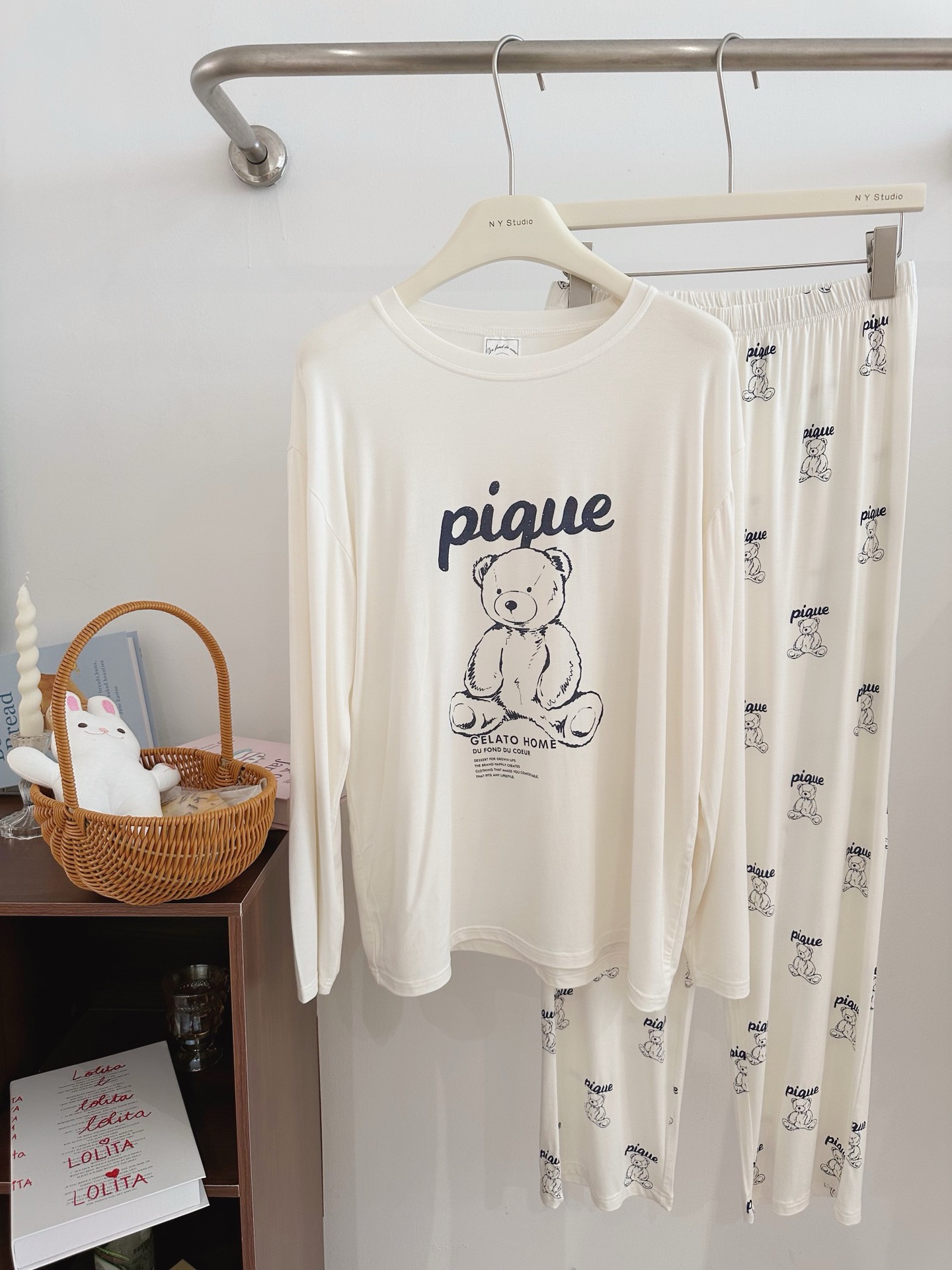 gran oso blanco / Tamaño libre de manga larga pantalones de cuello redondo