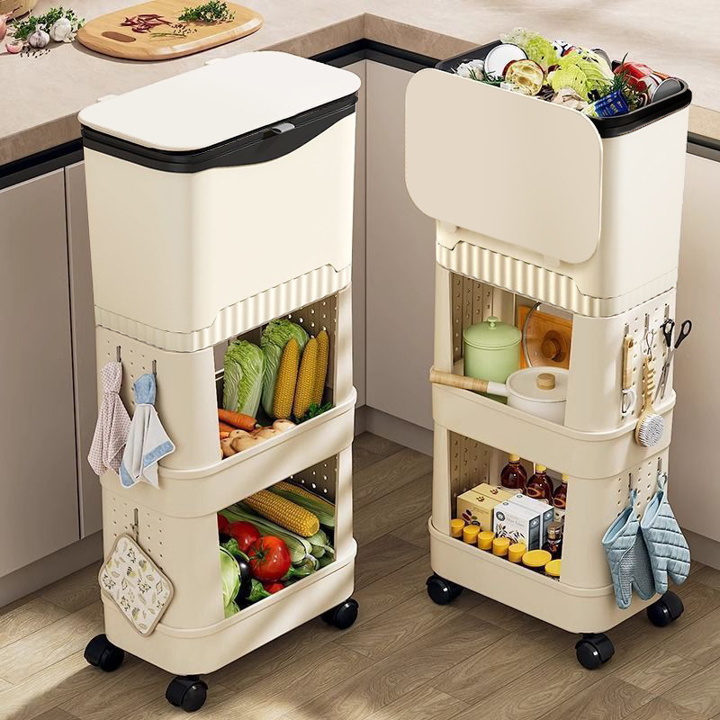 Carefully Selected Kitchen Trash Can 2025 New Model Large Capacity Movable Double-Layer Tall Model No Bending Required Multifunctional Rack