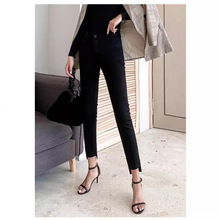 2025秋季新款欧美黑色小脚九分阶梯牛仔裤女高腰弹力不规则铅笔裤