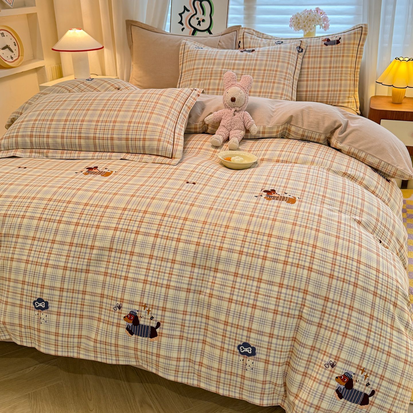 Cama de algodón grueso abrasivo con sábanas de algodón de tres piezas, cama de cuatro piezas, dormitorio de estudiantes, sensación de alto nivel