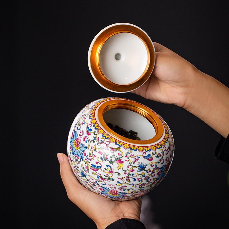 陶磁器茶葉缶エナメル色青花大サイズ螺旋蓋レトロ家庭用防湿密封缶バラ茶葉包装|undefined