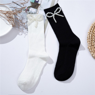 2025 Three-Dimensional Handmade Pearl Small Petal Flower Mid-Calf Socks Pure Color Jacquard Autum Cute Socks Trendyy Style Women