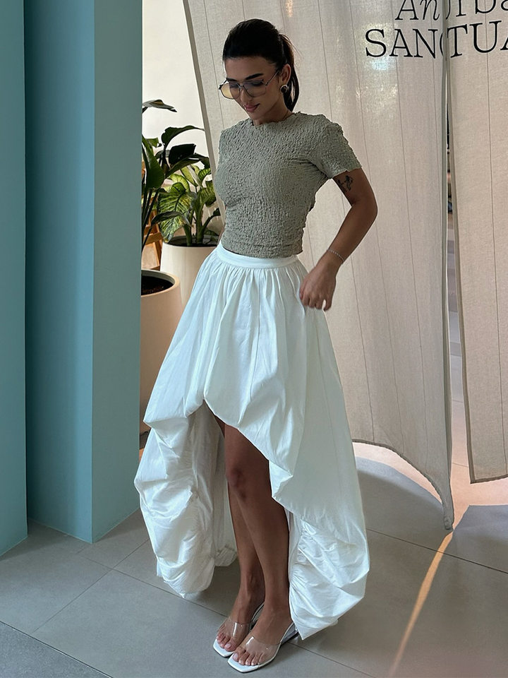Chân váy cotton nguyên chất dáng bất đối xứng thiết kế nụ hoa phong cách đường phố — Màu trắng (không có đai) chi tiết 15