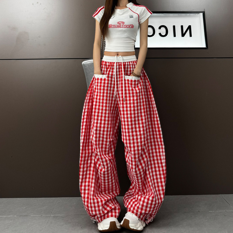 Jazzj Jazz Street Dance Trendy Brand Summer Red and White Plaid Sweatpants Preppy Style Retro Sexy Street Casual Pants