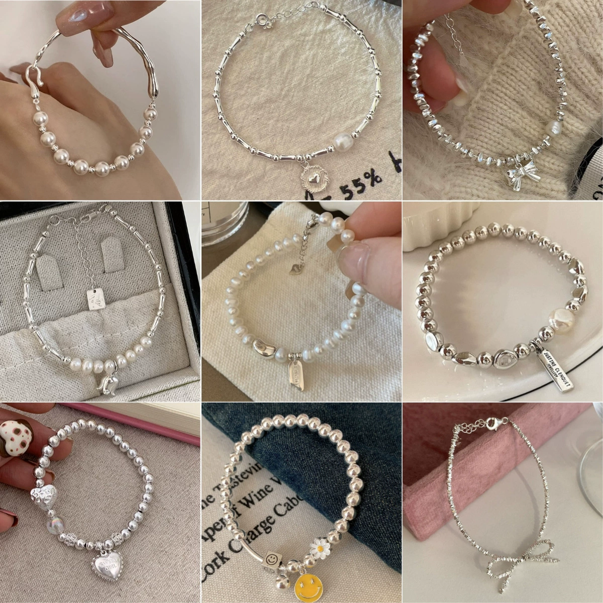Silver 925 Pearl Bracelet, Minimal Beaded Design, Adjustable 12 cm