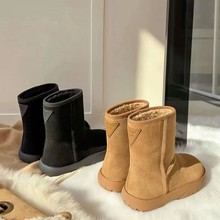 羊毛版三角标中筒雪地靴女2025冬季新款厚底增高短靴加绒加厚棉鞋