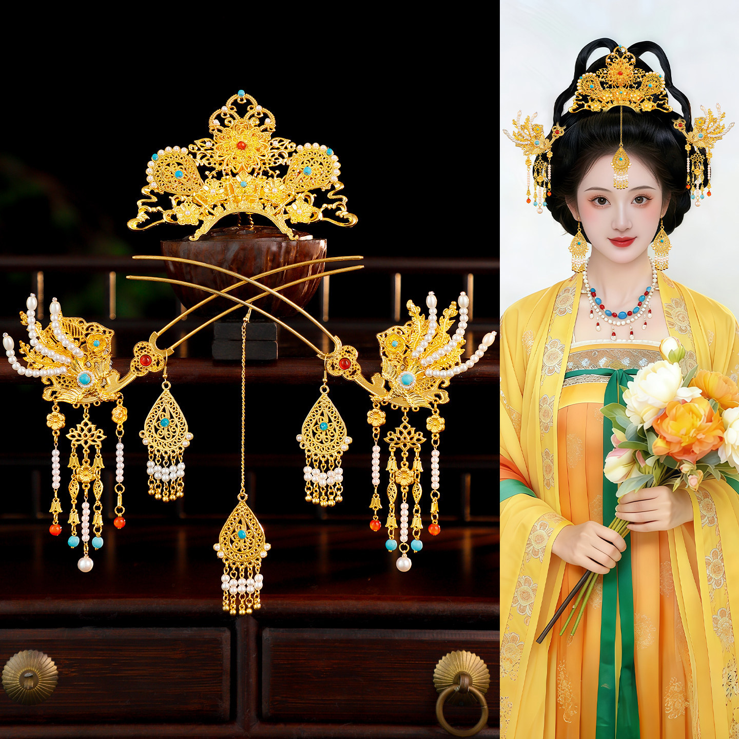 古风汉服气质金色花朵镂空合金粘珠发冠古装写真华丽流苏步摇发簪