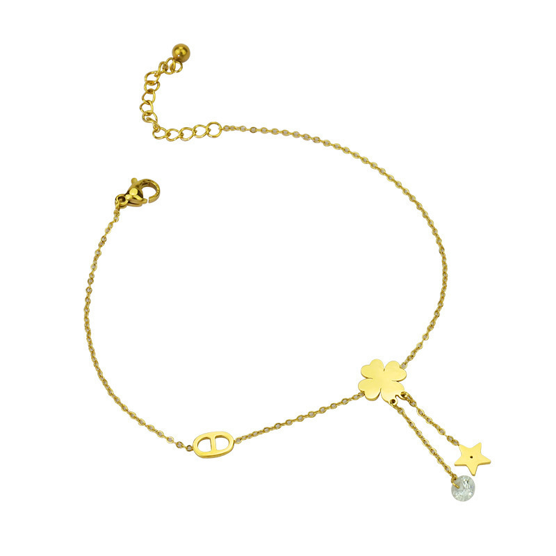 Exquisita tobillera de trébol de cuatro hojas para mujer nuevo diseño de nicho de oro de 14K