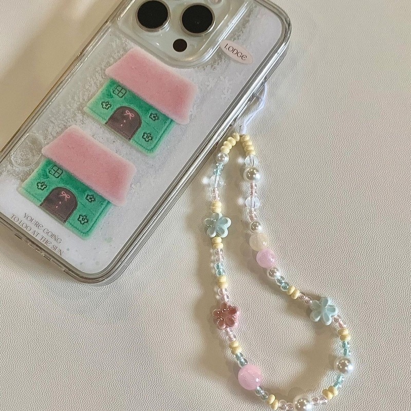 Ins風ピンクブルーの小さな花の携帯ケースチェーンccdカメラストラップdiy手作りビーズ少女心ペンダント|undefined