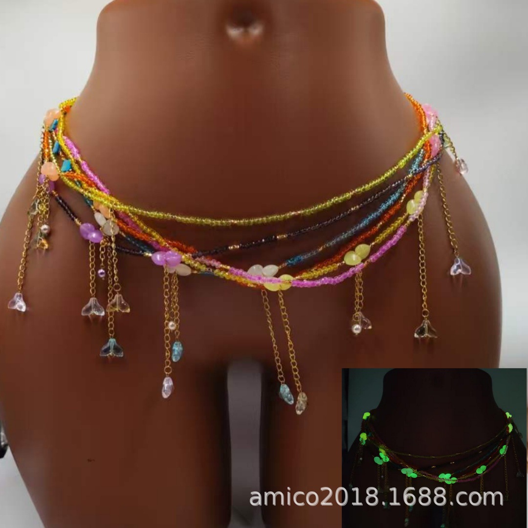 Acrylic luminous heart-shaped waist bead chain, glass bead elastic belly jewelry, tassel body chain