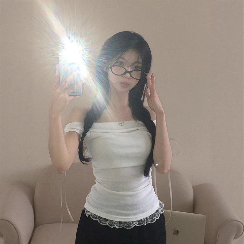 Pure Desire Hot Girl Style One-Shoulder Strap Hem Lace Splicing Design Short-Sleeved Summer Slim Personalized Top Ins