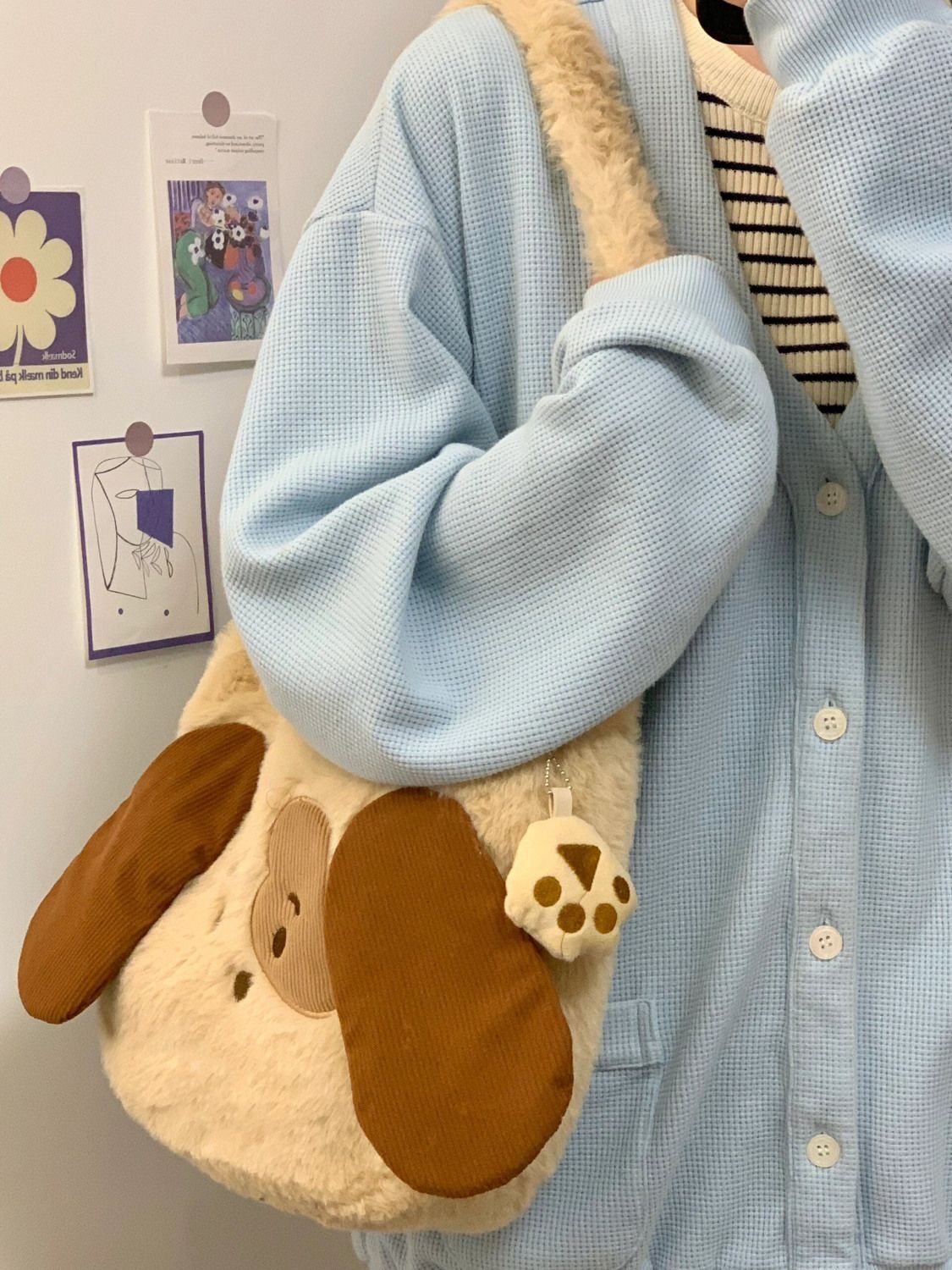 Plush Material Animal Pattern Women's Medium Plush Animal Cute Streetwear Oval Zipper Shoulder Bag