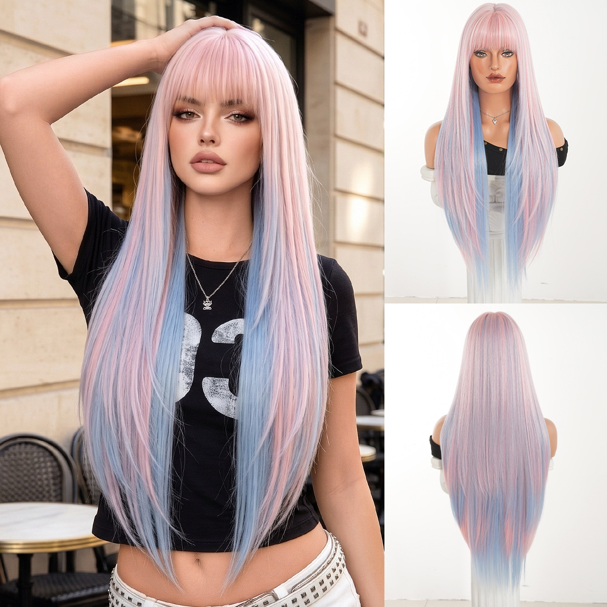 Peluca mujer moda cara redonda capa cabello liso súper largo peluca negra completa flequillo conjunto de fibra química de alta calidad