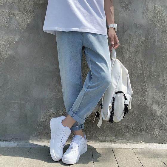 Summer Thin Straight-Leg Jeans Men's Loose Trendy Brand Korean-style All-match Stychy Waisted Cropped Men's Trendy Casual Pants