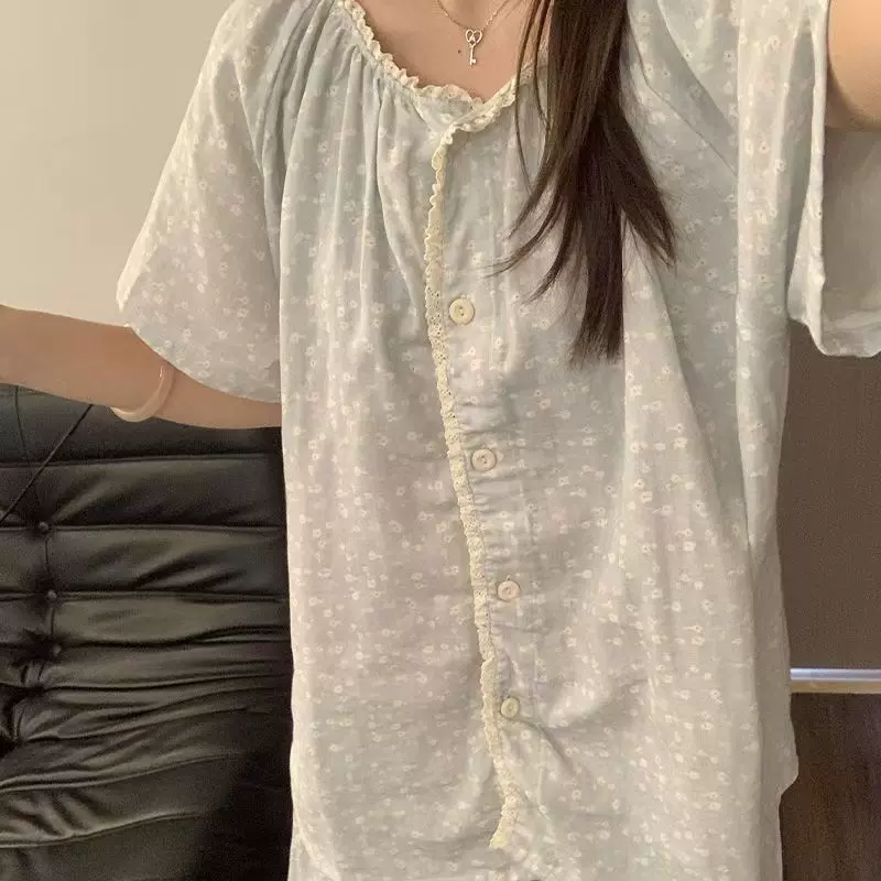 蓝色波点碎花少女睡衣夏季短袖短裤花边套装学生宿舍休闲家居服