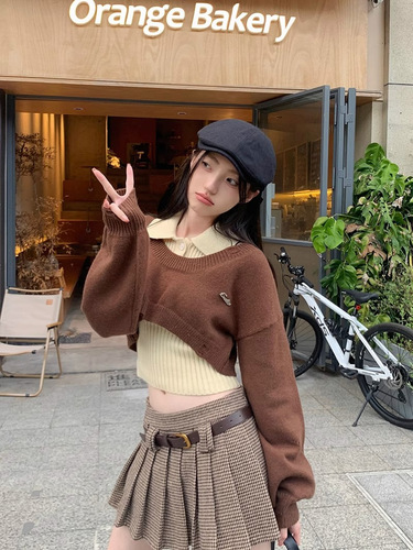 American-style Campus Look Set: Short Knit Top with Layered Sweater, Women's Autumn/Winter Slim Fit Base Layer Top—Two-Piece Outfit