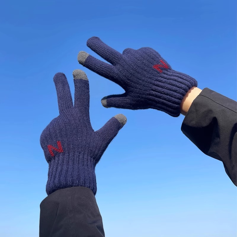 Knitted woolen gloves, thickened and lined, for students, cycling, cold-resistant and warm, touch screen, five fingers, outdoor windproof, winter, for men