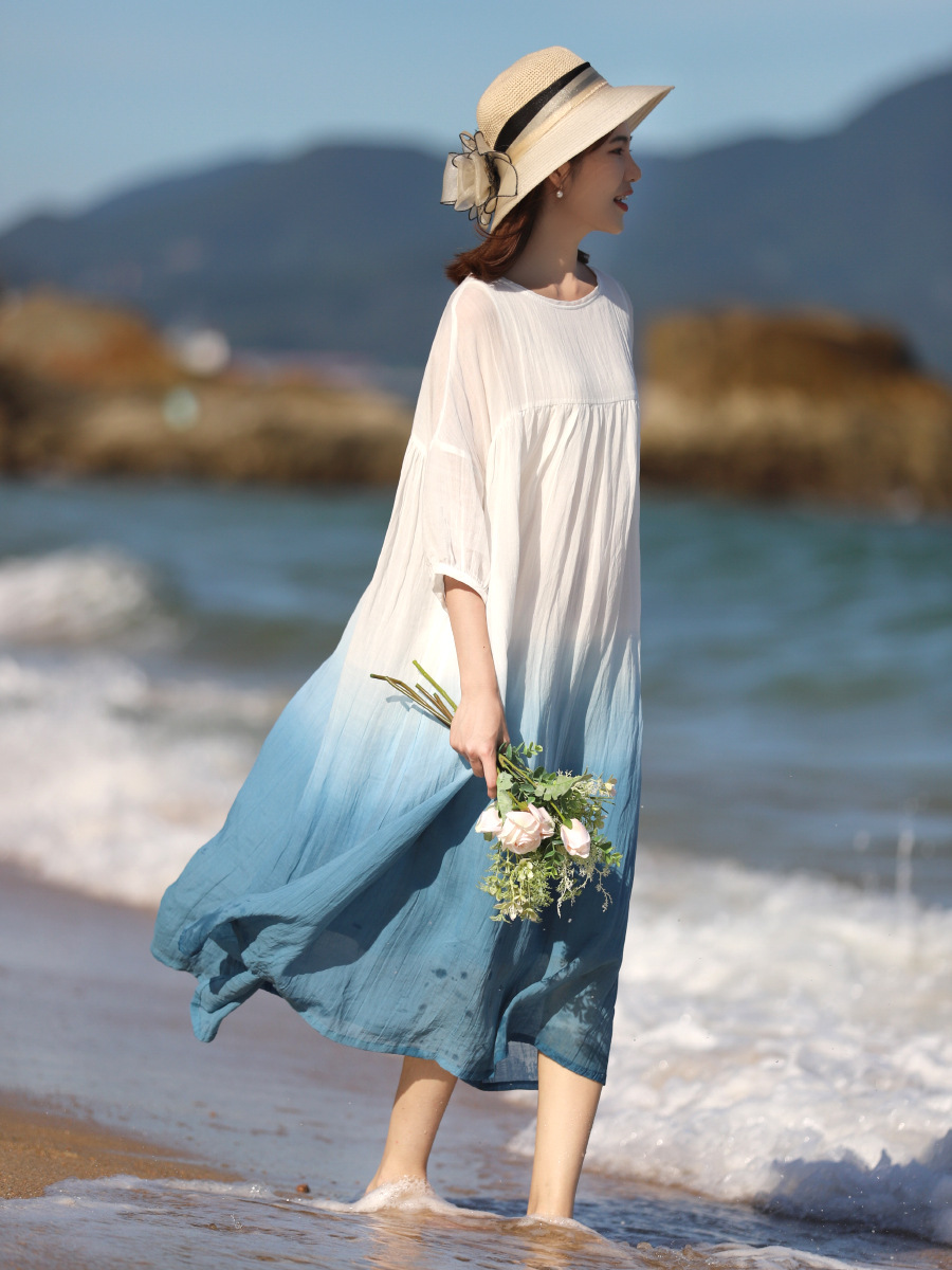 2024 Summer Loose Plus-Size Robe, Chinese Style Gradient Lightweight Ramie Zen Tea Dress, Double-Layered Large Hem Skirt_ecoleips.com