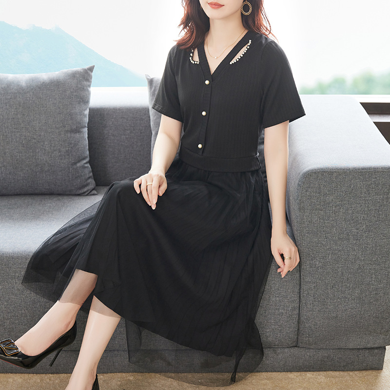 대형 여성 기질 V-목 가짜 투피스 뚱뚱한 여동생을 원피스 맞춤형 니트 패션 구슬 처리