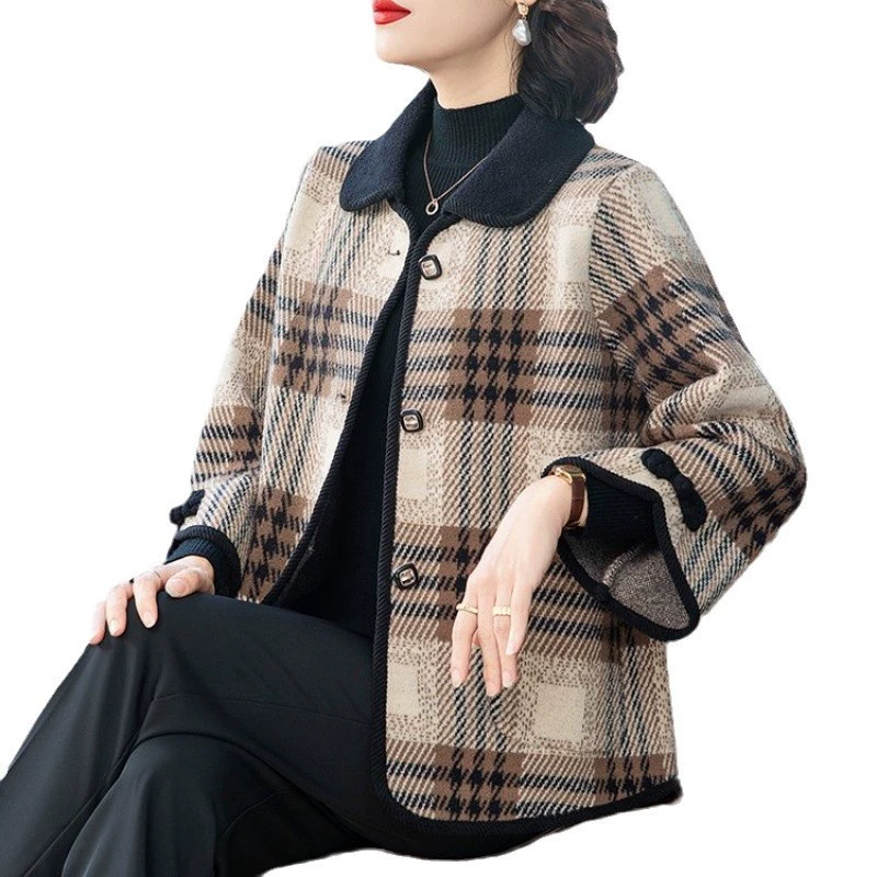 Шерстяной осенний кардиган-пальто для мамы в стиле Chanel, красный/чёрный, размеры 1XL-5XL