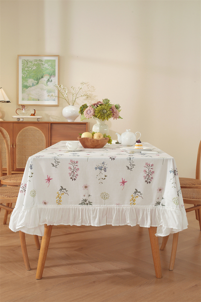 Cotton Printed Green Floral Tassel Tablecloth For Dining Table_voghion.com