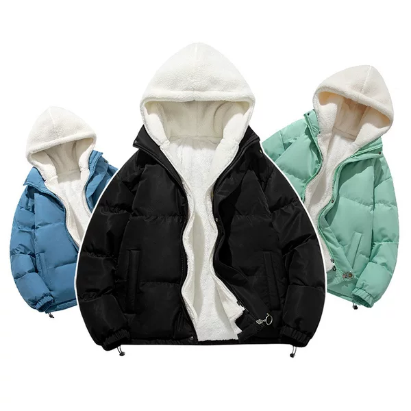 Winter New Fake Two-Piece Cotton Jacket for Men, Hooded Korean Style Trendy Brand, Warm Fleece-Lined Cotton Coat, Couple's Lamb Wool Outerwear