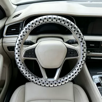 Dot Anti-Slip Wear-Resistant Retro — Steering wheel cover - pu-leather-silver-base-black-polka-dots-universal-style-38cm