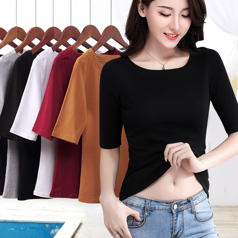 블랙 슬림 핏 미드 슬리브 탑 여성용 봄과 여름 어깨 7 점 슬리브 타이트 짧은 티셔츠 플러스 사이즈 내베이스 셔츠