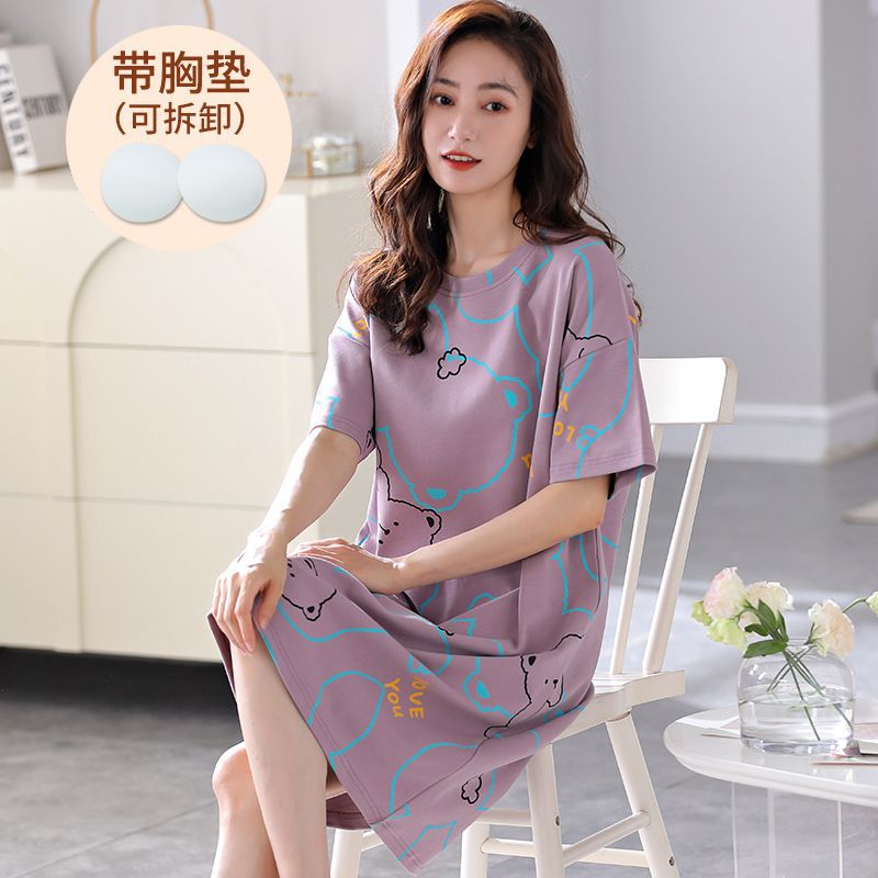 Nightgown with Breast Pads for Women Summer Short-Sleeved Cotton Bra Pajamas for Women Summer Students Large Size Can Be Worn Outside Home Clothes