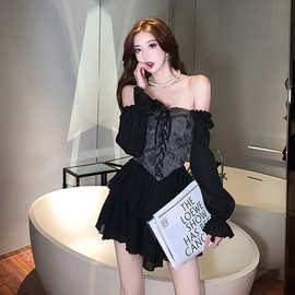欧美跨境外贸甜辣风黑色连衣裙假两件拼接小黑裙甜美蓬蓬蛋糕短裙
