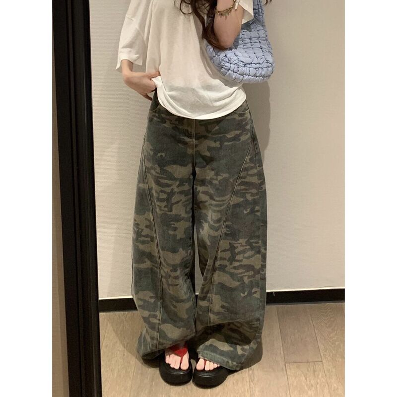 大码美式复古迷彩阔腿牛仔裤女街头辣妹宽松垂感廓形拖地弯刀长裤|undefined