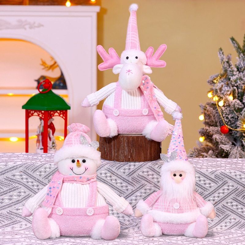 新款坐姿老人雪人麋鹿公仔粉色亮片玩偶圣诞节装饰品橱窗摆件