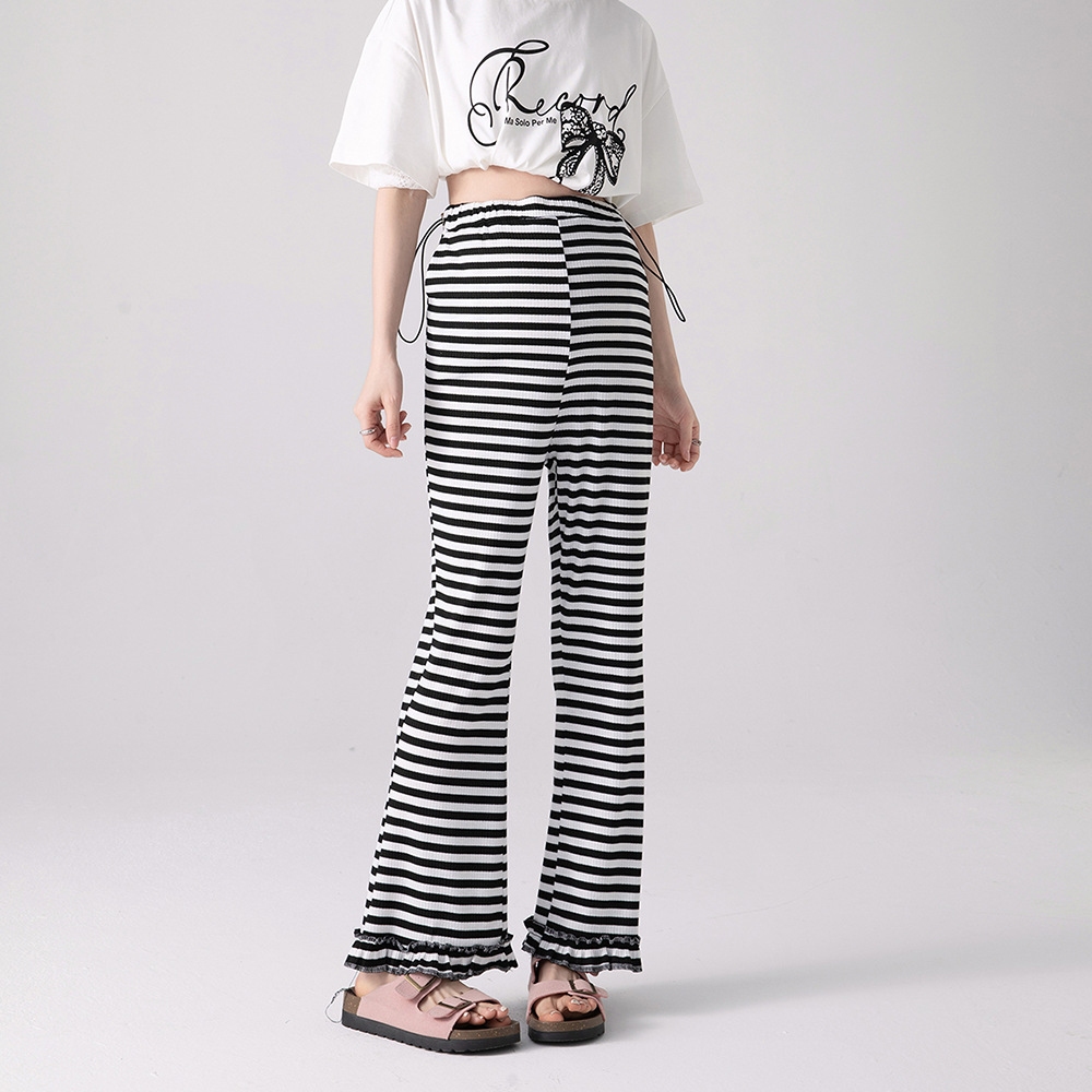 Spring and Summer Pregnant Women's Black and White Striped Drawstring Waist Casual Pants Pregnant Women's High Elastic Ice Silk Thread Nine-point Bell Pants