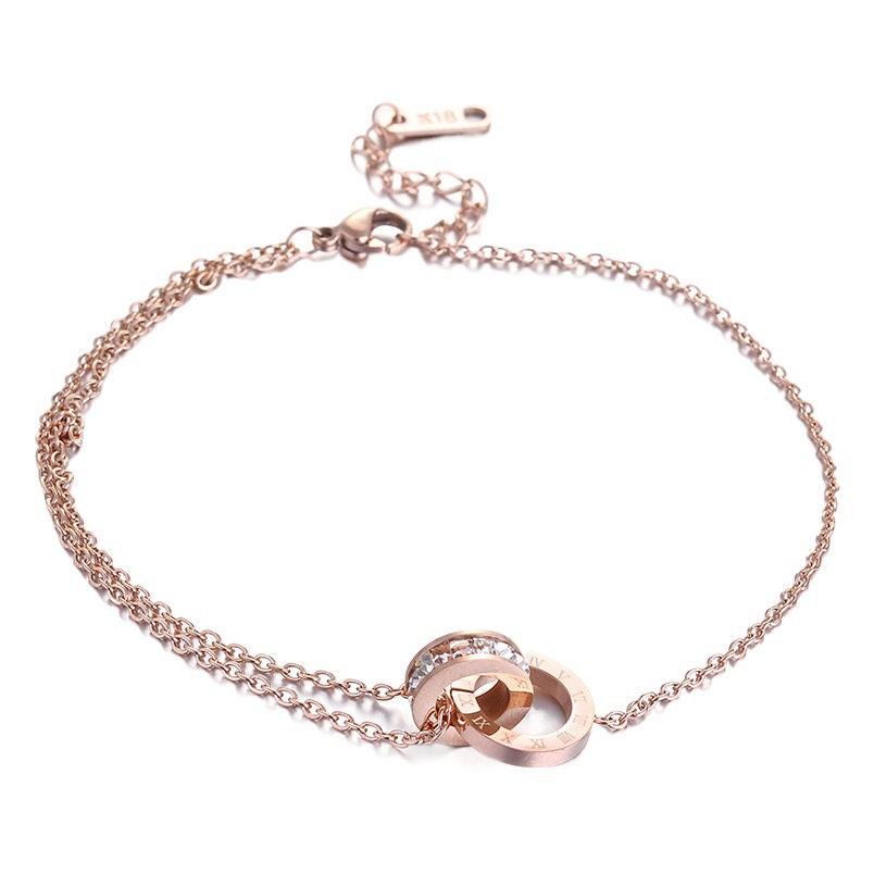 Wenjian estilo coreano titanio acero oro rosa romano diamante digital con incrustaciones de circón doble anillo tobillo moda femenina verano pie joyería