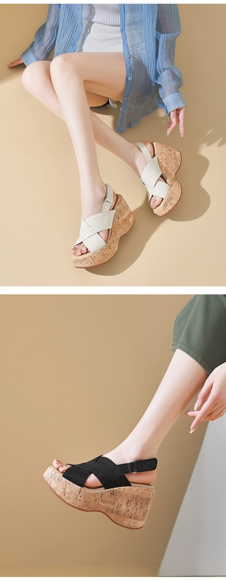 Sandal cao gót nữ quai chéo hở mũi đế xuồng 10cm da bò thật phong cách La Mã — màu đen, màu trắng ngà chi tiết 8