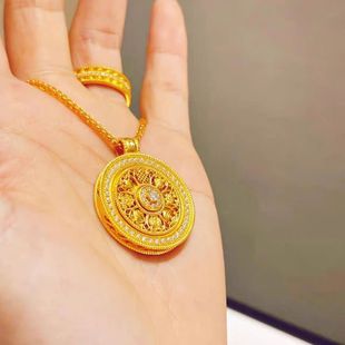 Long-Lasting Vietnamese Sand Gold Inlaid with Diamonds, Auspicious Eight Treasures Compass, Wishful Rope Necklace, Rotatable Pendant Sweater Chain for Women