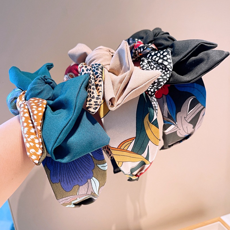 130g Weight Headwear Classification Travel, Festival Occasion Bow Knot Pattern Women'S Gender Retro Style Khaki, Green, Black Color Korean Style Printed Splicing Bows Headband Wholesale Nihaojewelry 13