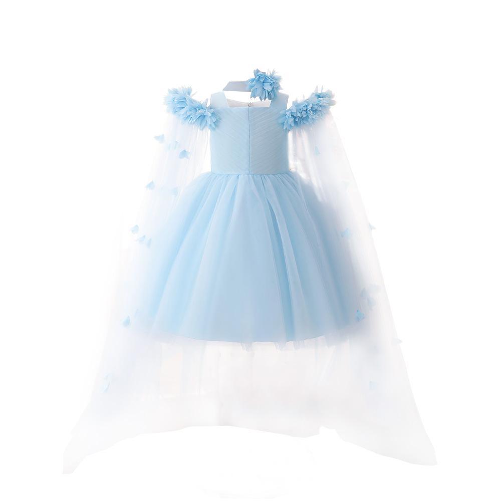 Nuevo vestido de niños transfronterizo vestido de princesa vestido de rendimiento flor tridimensional satén malla cola de verano vestido largo