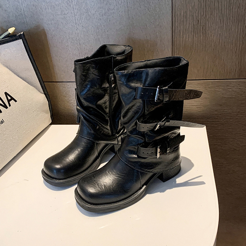 厚底粗跟皮带扣褶皱中筒靴女2025秋季新款裤管马丁靴西部牛仔短靴|undefined