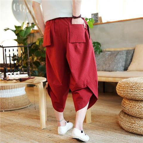 Pantalones de playa de lino Pantalones cortos de pierna ancha de Tailandia de gran tamaño sueltos para hombres Pantalones harem de 7 puntos de algodón y lino de estilo chino casual