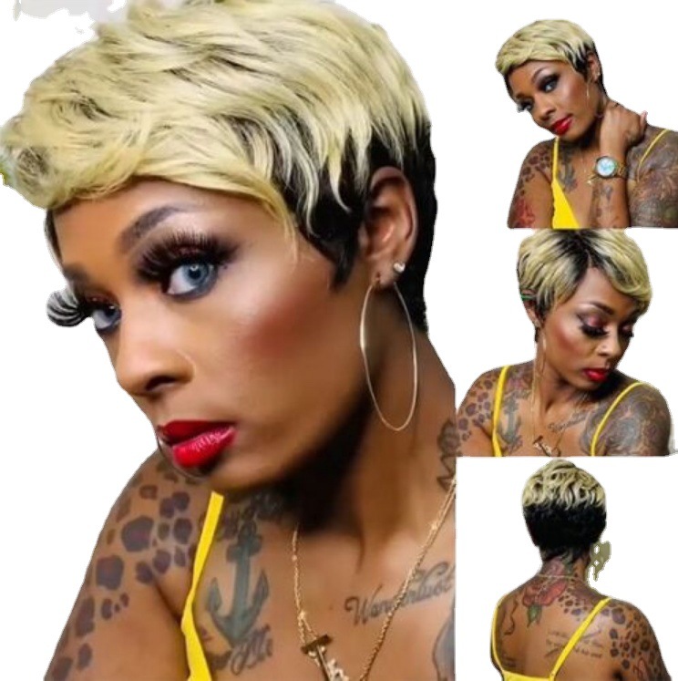 跨境假发hair欧美假发女短发黑色渐变金色化纤假发头套pixie wigs