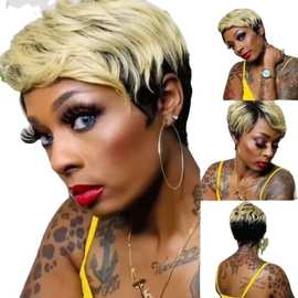 跨境假发hair欧美假发女短发黑色渐变金色化纤假发头套pixie wigs