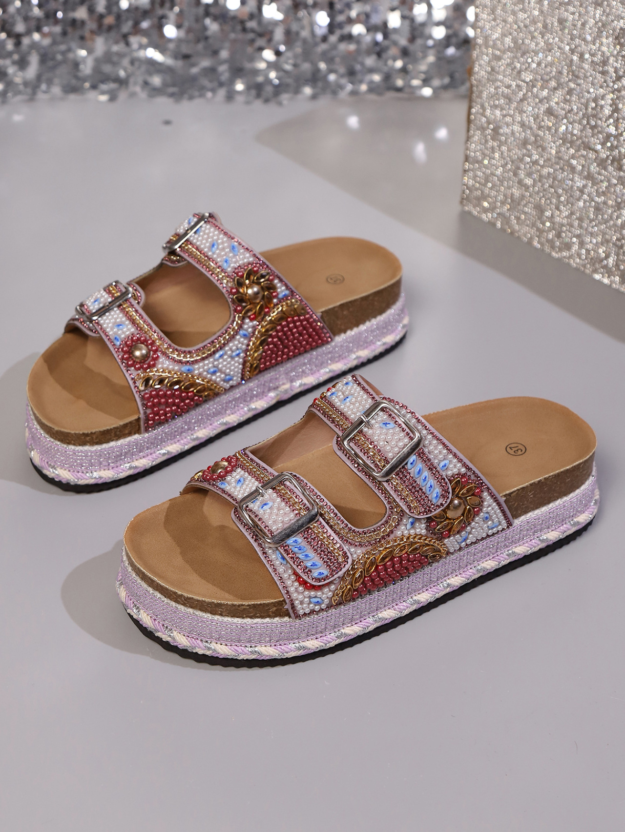 Sandale platformă damă cu strass și catarame pentru plajă_voghion.com
