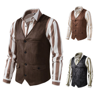 European Size 2025 Amazon Spring & Fall New Export Men's European and American V Neck Suede Single-Breasted Casual Vest for Men